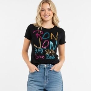 Ron Jon Surf Shop Sequin T Shirt Black Women's Medium Y2K Skinny Tee